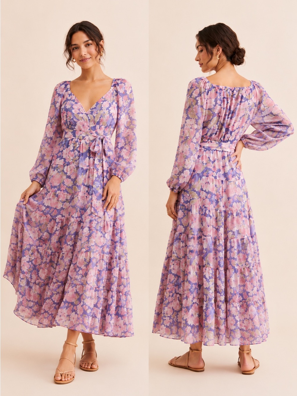 ASTR The Label Jannika Wrap Dress Purple Floral Maxi Long Sleeve Size S